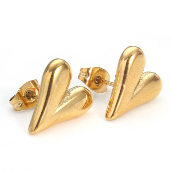 Imagen de 4 Unidades Recubrimiento al Vacío PVD Ecológico 304 Acero Inoxidable día de San Valentín Pendientes Chapado en Oro de 18K Corazón Con Tapones 13.5mm x 12mm, Post/ Wire Size: (21 gauge)