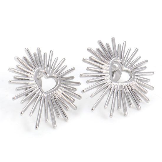 Picture of 304 Stainless Steel Valentine's Day Ear Post Stud Earrings Silver Tone Sun Rays With Stoppers 20mm x 18mm, Post/ Wire Size: (21 gauge), 4 PCs