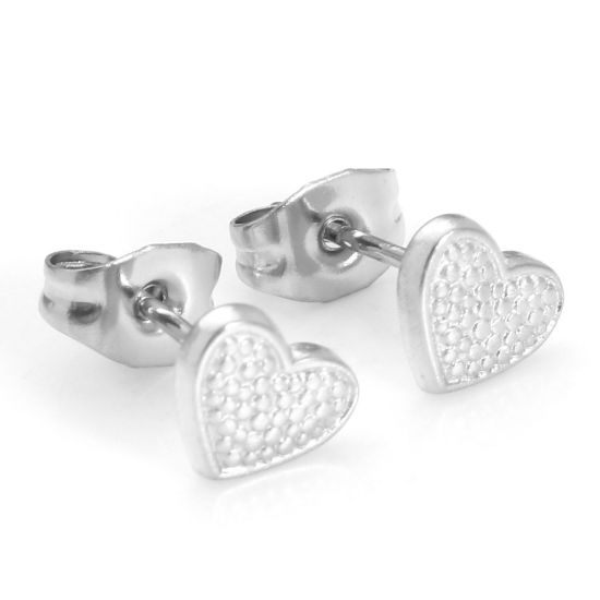 Picture of 304 Stainless Steel Valentine's Day Ear Post Stud Earrings Silver Tone Heart With Stoppers 7mm x 6mm, Post/ Wire Size: (21 gauge), 4 PCs