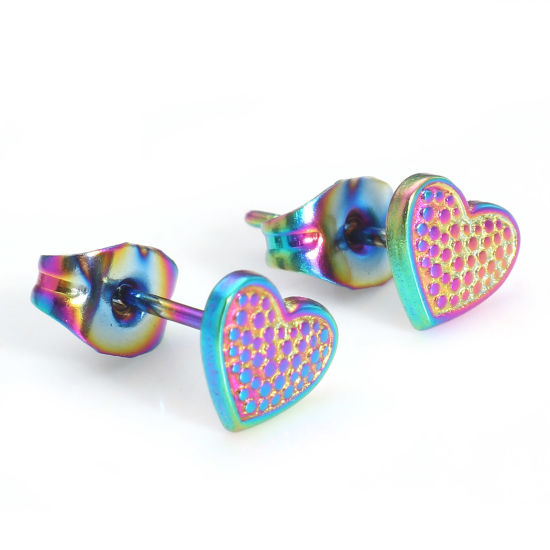 Picture of 304 Stainless Steel Valentine's Day Ear Post Stud Earrings Rainbow Color Plated Heart With Stoppers 7mm x 6mm, Post/ Wire Size: (21 gauge), 4 PCs