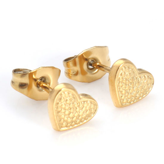 Picture of 304 Stainless Steel Valentine's Day Ear Post Stud Earrings 18K Gold Color Heart With Stoppers 7mm x 6mm, Post/ Wire Size: (21 gauge), 4 PCs
