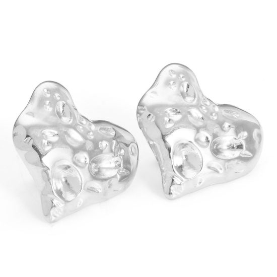 Picture of 304 Stainless Steel Valentine's Day Ear Post Stud Earrings Silver Tone Heart With Stoppers 19.5mm x 18.5mm, Post/ Wire Size: (21 gauge), 4 PCs