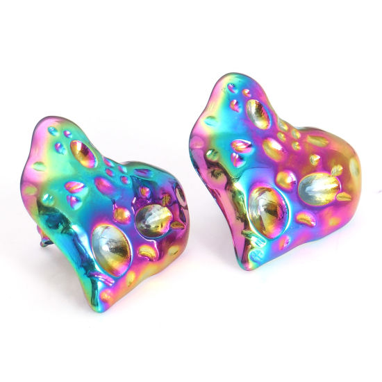Picture of 304 Stainless Steel Valentine's Day Ear Post Stud Earrings Rainbow Color Plated Heart With Stoppers 19.5mm x 18.5mm, Post/ Wire Size: (21 gauge), 4 PCs