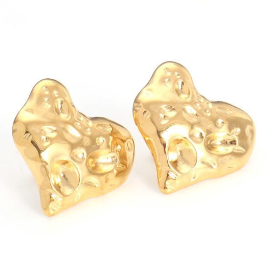 Picture of 304 Stainless Steel Valentine's Day Ear Post Stud Earrings 18K Gold Color Heart With Stoppers 19.5mm x 18.5mm, Post/ Wire Size: (21 gauge), 4 PCs
