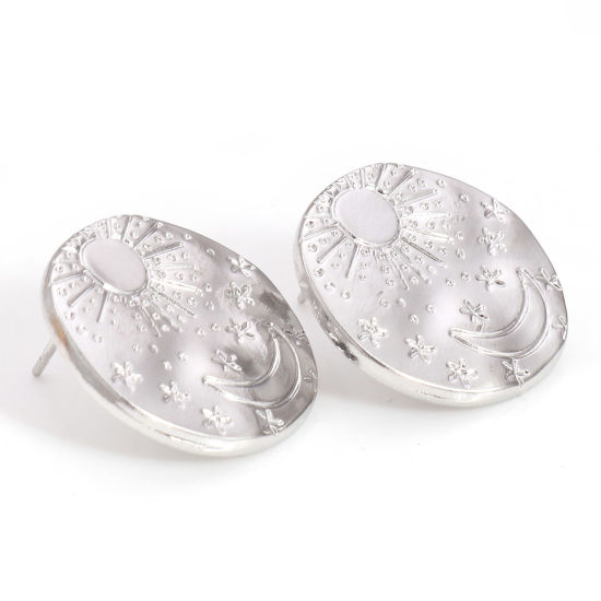 Picture of 304 Stainless Steel Galaxy Ear Post Stud Earrings Silver Tone Round Sun & Moon With Stoppers 21mm x 20mm, Post/ Wire Size: (21 gauge), 4 PCs