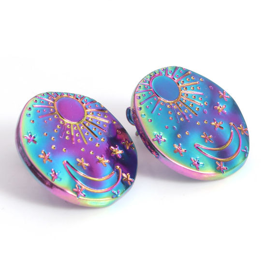 Picture of 304 Stainless Steel Galaxy Ear Post Stud Earrings Rainbow Color Plated Round Sun & Moon With Stoppers 21mm x 20mm, Post/ Wire Size: (21 gauge), 4 PCs