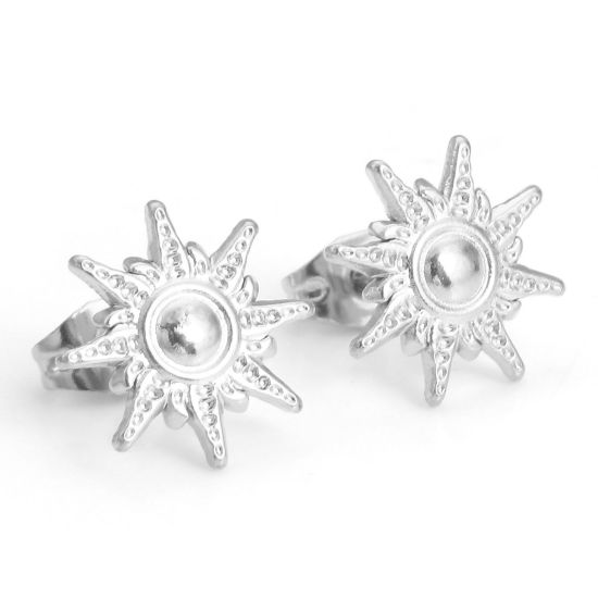 Picture of 304 Stainless Steel Galaxy Ear Post Stud Earrings Silver Tone Sun With Stoppers 12mm x 12mm, Post/ Wire Size: (21 gauge), 4 PCs