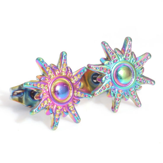 Picture of 4 PCs Vacuum Plating 304 Stainless Steel Galaxy Ear Post Stud Earrings Rainbow Color Plated Sun With Stoppers 12mm x 12mm, Post/ Wire Size: (21 gauge)