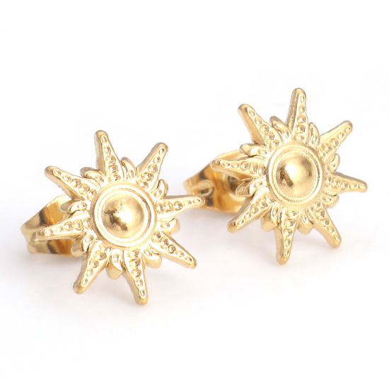 Picture of 304 Stainless Steel Galaxy Ear Post Stud Earrings 18K Gold Color Sun With Stoppers 12mm x 12mm, Post/ Wire Size: (21 gauge), 4 PCs