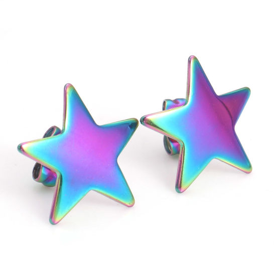 Picture of 4 PCs Vacuum Plating 304 Stainless Steel Galaxy Ear Post Stud Earrings Rainbow Color Plated Pentagram Star With Stoppers 15.5mm x 15mm, Post/ Wire Size: (21 gauge)