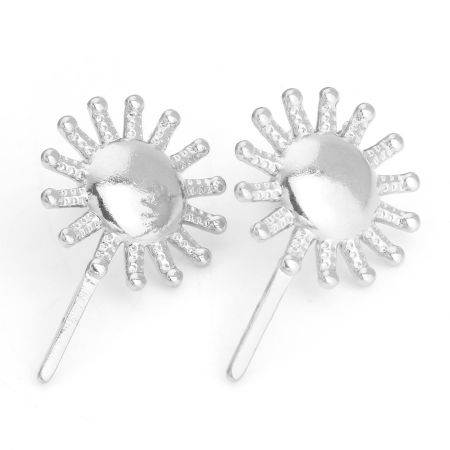 Picture of 304 Stainless Steel Galaxy Ear Post Stud Earrings Silver Tone Sun With Stoppers 25mm x 15.5mm, Post/ Wire Size: (21 gauge), 4 PCs