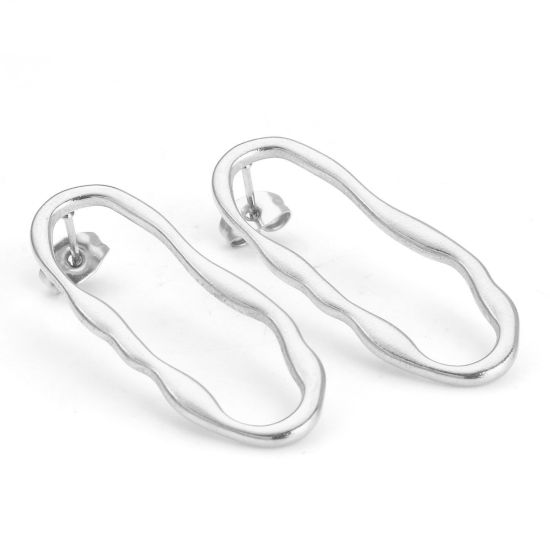 Image de Boucles d'Oreilles Puces en 304 Acier Inoxydable Série Géométrie Argent Mat Ovale avec Embouts 3.5cm x 1.3cm , Epaisseur de Fil: (21 gauge), 4 Pcs