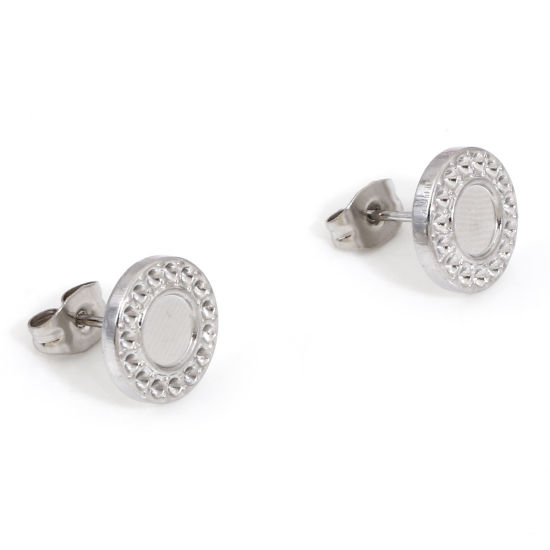 Imagen de 2 Unidades 304 Acero Inoxidable Pendientes Ronda Tono de Plata Base Camafeo (Apta 5mm) (Apta 1mm Puntiagudo Fondo Rhinestone) 11mm Diámetro