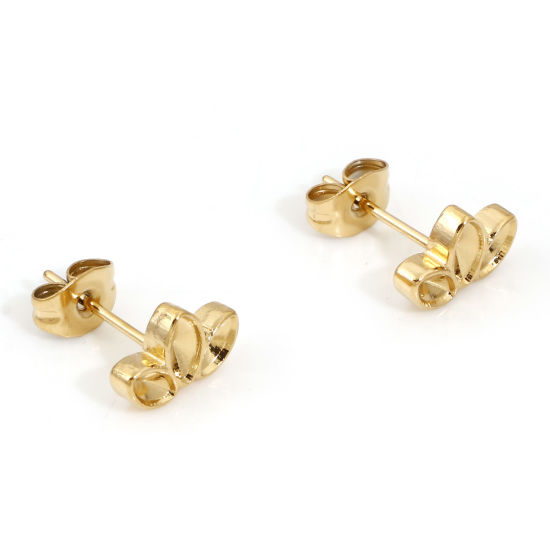 Picture of 4 PCs Eco-friendly PVD Vacuum Plating 304 Stainless Steel Ear Post Stud Earrings Leaf 18K Gold Plated (Can Hold 5x2.5mm 4x2mm Pointed Back Rhinestone) 10mm x 6.5mm