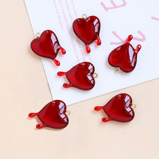 Picture of Acrylic Valentine's Day Pendants Heart Drop Red Enamel 3cm x 2.1cm, 2 PCs