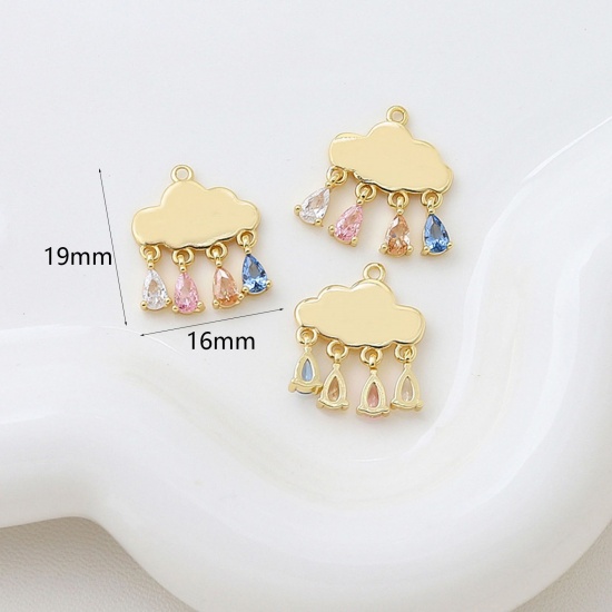 Изображение Латунь Коллекция Погоды Подвески Облако 14K позолоченный Капли Разноцветный Искусственный Циркон 19мм x 16мм, 1 ШТ