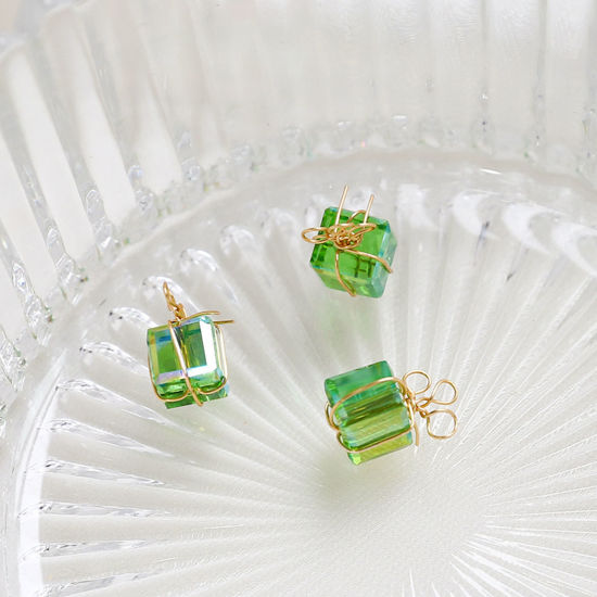 Picture of Acrylic Christmas Charms Gift Box Gold Plated Green AB Rainbow Color 15mm x 9mm, 2 PCs