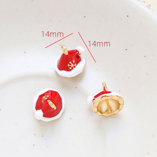 Picture of Brass Christmas Pearl Pendant Connector Bail Pin Cap 18K Gold Plated Red Christmas Hats Snowflake Enamel 14mm x 14mm, 1 Piece