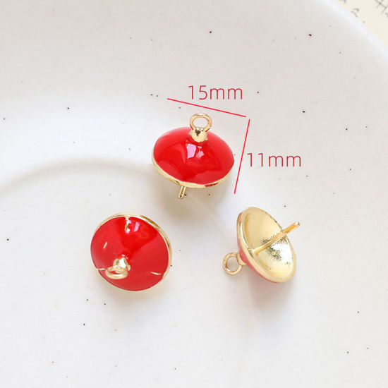 Picture of Brass Christmas Pearl Pendant Connector Bail Pin Cap 18K Gold Plated Red Christmas Hats Enamel 15mm x 11mm, 1 Piece