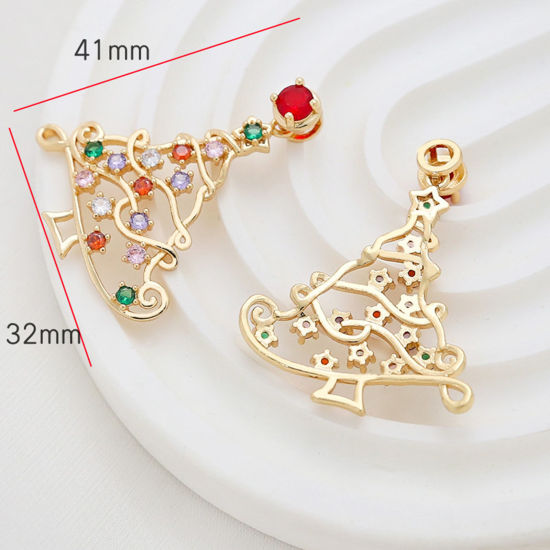 Picture of Brass Christmas Pendants 18K Gold Plated Christmas Tree Hollow Multicolour Cubic Zirconia 4.1cm x 3.2cm, 1 Piece