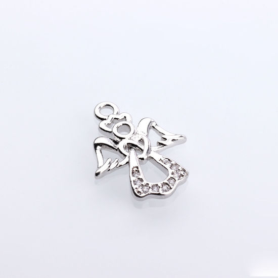 Picture of Brass Religious Charms Silver Tone Angel Micro Pave Clear Rhinestone 17mm x 12mm, 2 PCs                                                                                                                                                                       