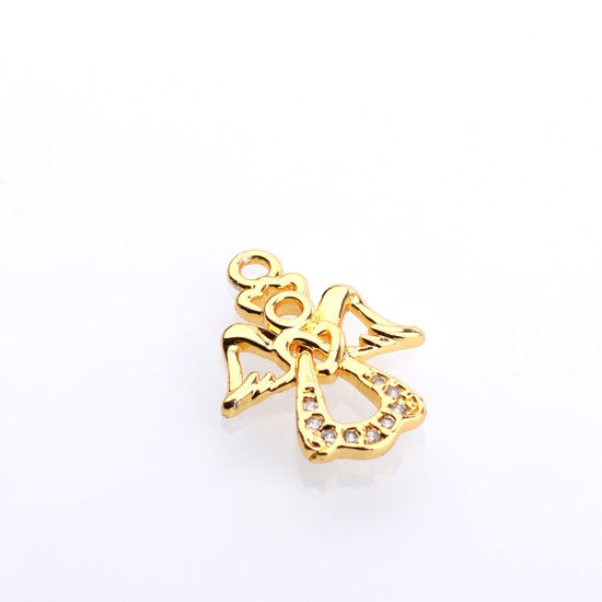 Picture of Brass Religious Charms Gold Plated Angel Micro Pave Clear Rhinestone 17mm x 12mm, 2 PCs                                                                                                                                                                       