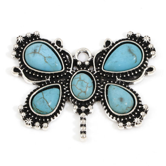 Imagen de Zamak Bohemia Colgantes Plata Antigua Mariposa Con Resina Cabochons Imitación Turquesa 5 Unidades