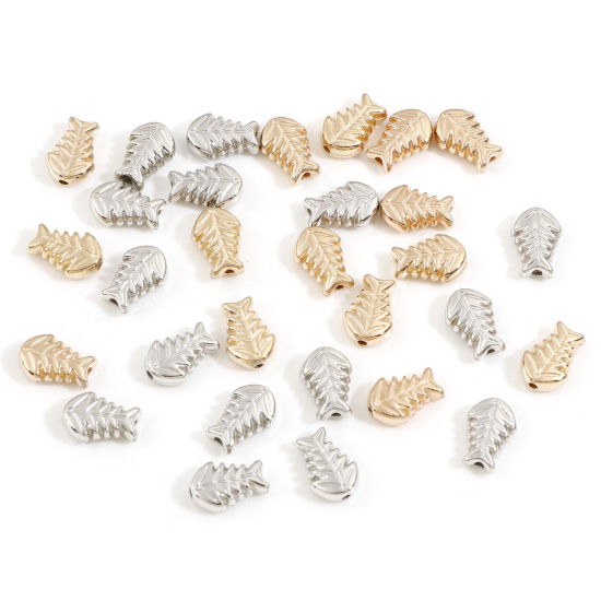 Picture of CCB Plastic Beads For DIY Charm Jewelry Making KC Gold Plated Silver Tone Two Tone Fish Bone Mixed About 12mm x 8mm, Hole: Approx 1.4mm, 2 Packets (Approx 30 PCs/Packet)