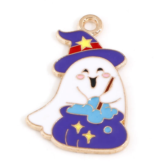 Picture of Zinc Based Alloy Halloween Charms Gold Plated White & Purple Halloween Ghost Hat Enamel 25mm x 16mm, 10 PCs