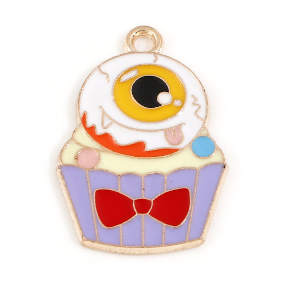 Picture of Zinc Based Alloy Halloween Charms Gold Plated Multicolor Cake Eye Enamel 25mm x 17mm, 10 PCs