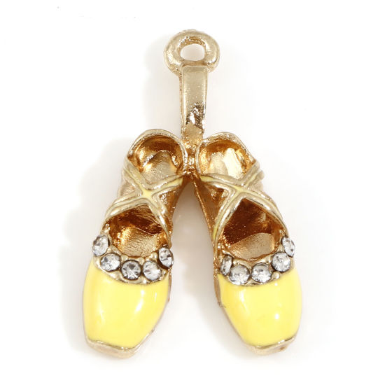 Picture of Zinc Based Alloy Clothes Charms Gold Plated Yellow Ballet Shoes Enamel Clear Rhinestone 16mm x 16mm, 5 PCs