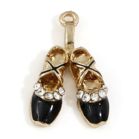 Picture of Zinc Based Alloy Clothes Charms Gold Plated Black Ballet Shoes Enamel Clear Rhinestone 16mm x 16mm, 5 PCs