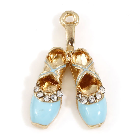 Picture of Zinc Based Alloy Clothes Charms Gold Plated Light Blue Ballet Shoes Enamel Clear Rhinestone 16mm x 16mm, 5 PCs