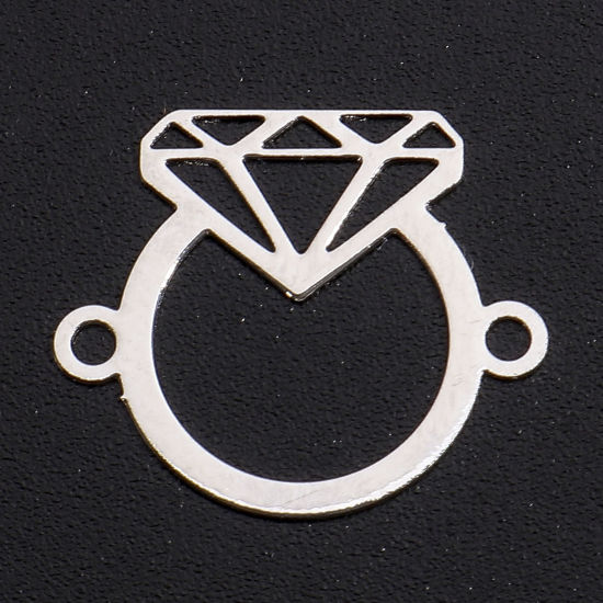 Bild von Eisenlegierung Filigran Stempel Verzierung Steckverbinder Charms Anhänger Silberfarbe Fingerring Diamant Muster Hohl, 17mm x 14.5mm, 20 Stück