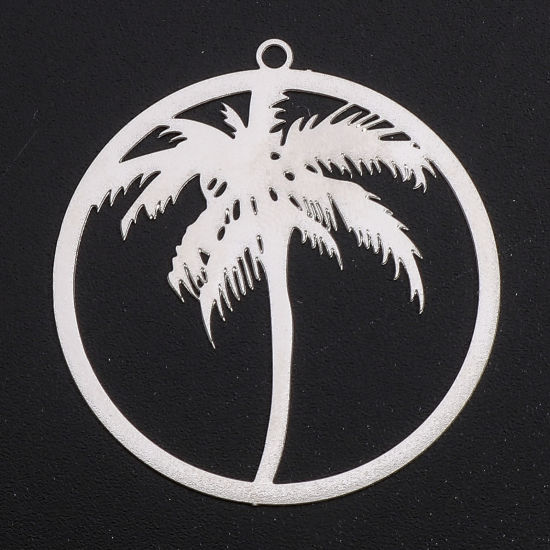 Imagen de Hierro Filigrana Estampación Colgantes Tono de Plata Ronda Árbol de Coco Hueco 3.2cm x 3cm, 10 Unidades