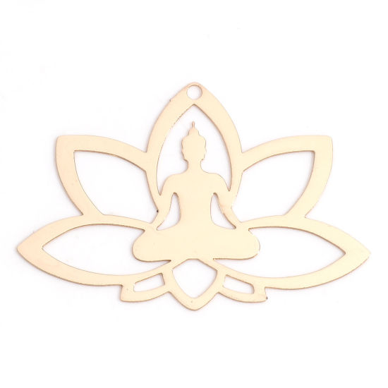 Picture of Iron Based Alloy Filigree Stamping Pendants KC Gold Plated Buddha Lotus Flower Hollow 3.7cm x 2.5cm, 10 PCs