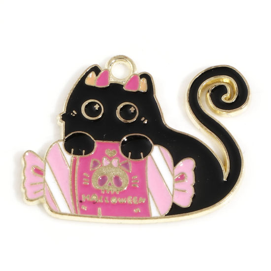 Bild von Zinklegierung Halloween Anhänger Vergoldet Schwarz & Rosa Katze Skelett Emaille 29mm x 23mm, 10 Stück