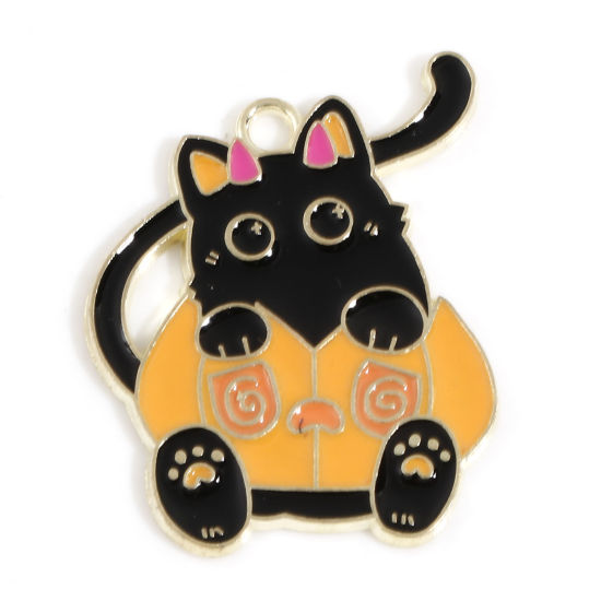 Bild von Zinklegierung Halloween Anhänger Vergoldet Schwarz & Orange Katze Halloween Kürbis Emaille 3cm x 2.4cm, 10 Stück