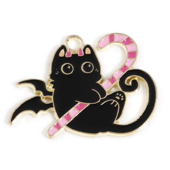 Bild von Zinklegierung Halloween Anhänger Vergoldet Schwarz & Rosa Katze Flügel Emaille 3.1cm x 2.3cm, 10 Stück