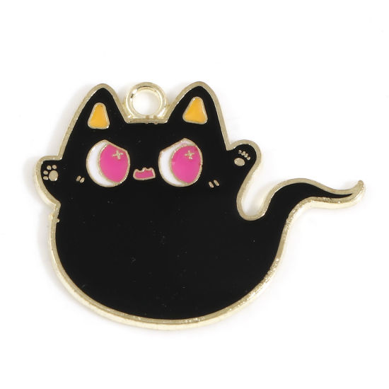 Bild von Zinklegierung Halloween Anhänger Vergoldet Schwarz Katze Halloween Elfe Emaille 3.1cm x 2.4cm, 10 Stück
