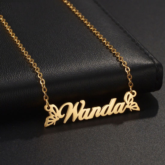 Picture of 1 Piece Stainless Steel Customized Name Necklace Personalized Letter Charm Pendant Gold Plated 45cm(17.7") long