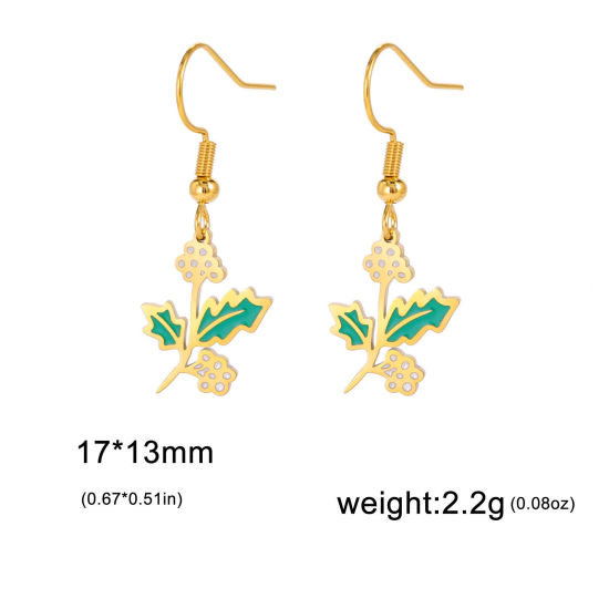 Picture of 304 Stainless Steel Birth Month Flower Earrings 18K Gold Plated Christmas Holly Leaf Enamel 20mm x 11mm, Post/ Wire Size: (21 gauge), 1 Pair