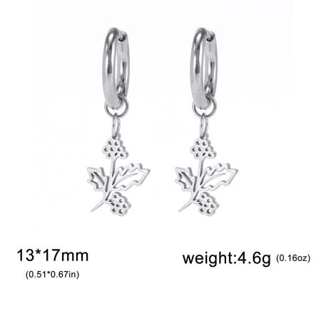 Picture of 304 Stainless Steel Birth Month Flower Earrings Silver Tone Christmas Holly Leaf December Hollow 17mm x 13mm, Post/ Wire Size: (17 gauge), 1 Pair