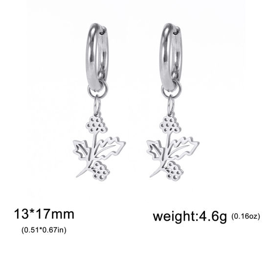 Picture of 304 Stainless Steel Birth Month Flower Earrings Silver Tone Christmas Holly Leaf December Hollow 17mm x 13mm, Post/ Wire Size: (17 gauge), 1 Pair