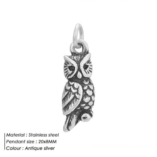 Picture of 316 Stainless Steel Halloween Charms Antique Silver Color Owl With Jump Ring 20mm x 8mm, 1 Piece