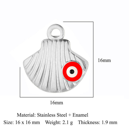 Bild von 304 Edelstahl Religiös Charms Muschel Silberfarbe Rot Böser Blick Evil Eye Emaille 16mm x 16mm, 1 Stück