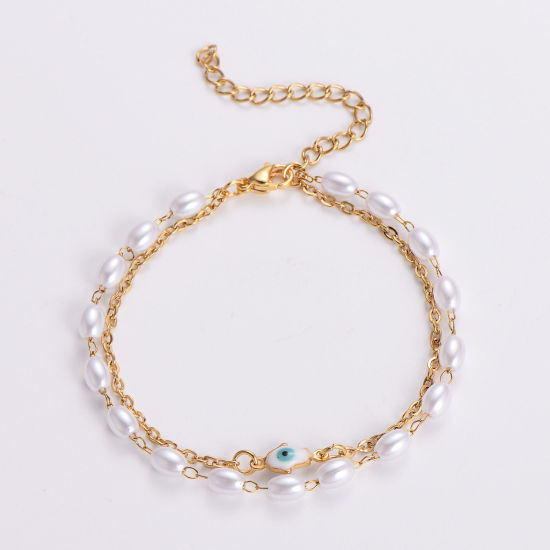 Immagine di 304 Acciaio Inossidabile Religione Catena a Maglia Fatta a Mano Bracciale Multistrato a Strati Oro Placcato Bianco Malocchio Imitata Perla 16cm Lunghezza, 1 Pz