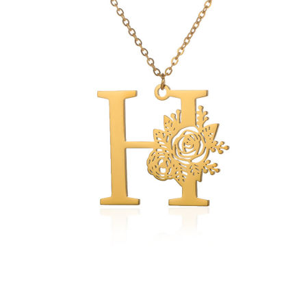 Image de Colliers Chaîne Maille Jaseron en 304 Acier Inoxydable Couleur Or 18K Lettre Rose Gravé Mot " H " Creux 38cm Long, 1 Pièce