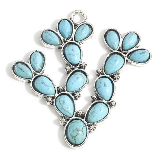 Immagine di Lega di Zinco Stile Bohemien Ciondoli Argento Antico Cactus Con Resina Cabochon Imitazione Turchese 4.7cm x 4.5cm, 2 Pz