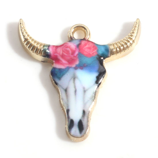 Picture of Zinc Based Alloy Boho Chic Bohemia Charms Gold Plated Multicolor Bull Head/ Cow Head Rose Flower Enamel 22mm x 21mm, 10 PCs